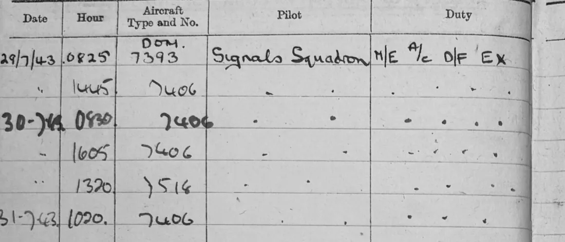 Close-up of the first logbook entry: 29/7/43, 0825, Dom. 7393, Signals Squadron, M/E A/C D/F EX
