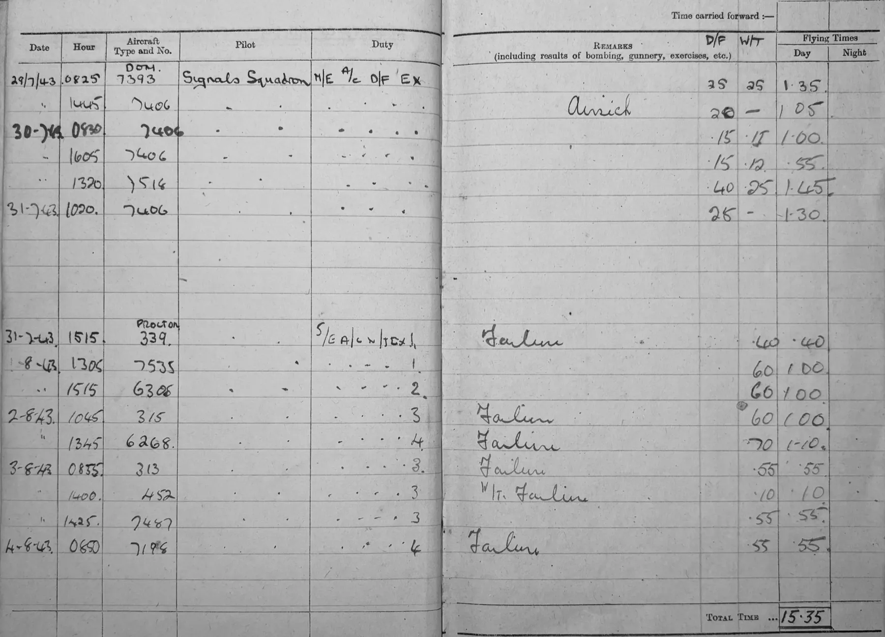 A 1943 flying logbook spread, handwritten in pencil, showing date, hour, aircraft type and number, pilot, duty, remarks and flying times