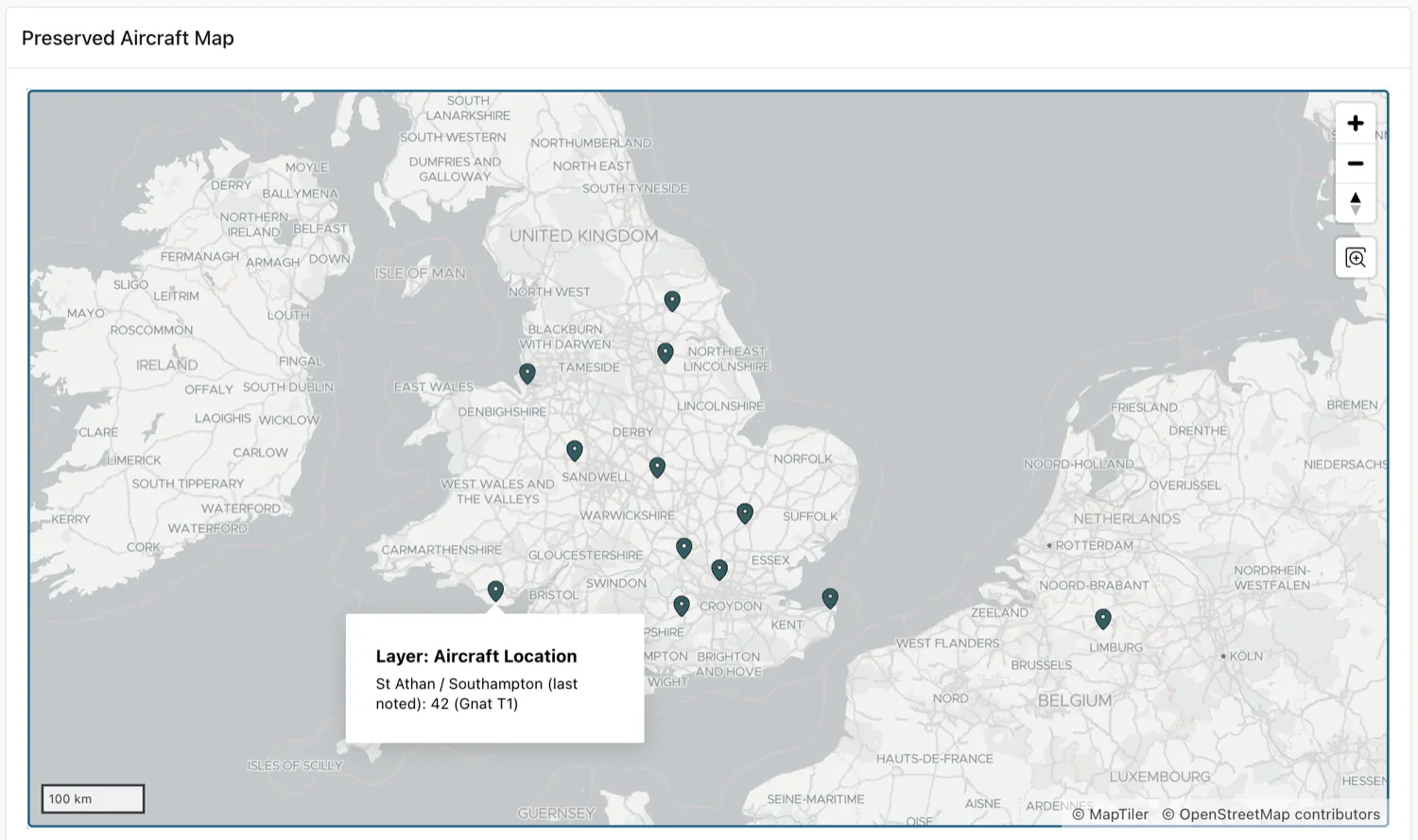 Map of the United Kingdom and near Europe showing surviving aircraft locations