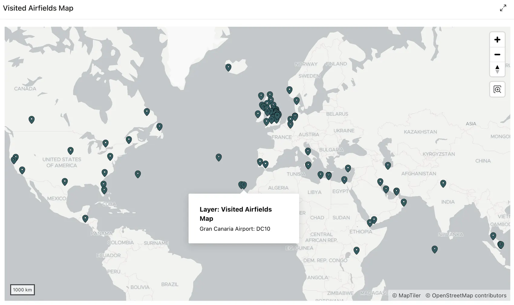 World map with pins on every airfield visited during a flying career