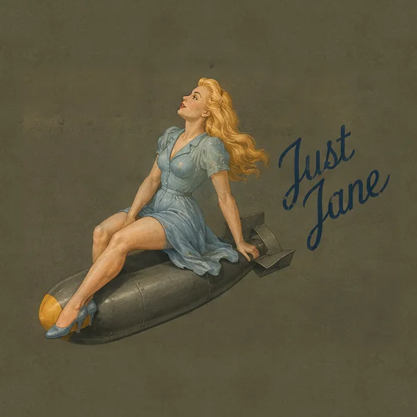 Nose art of Just Jane — a woman in a blue dress seated on a bomb