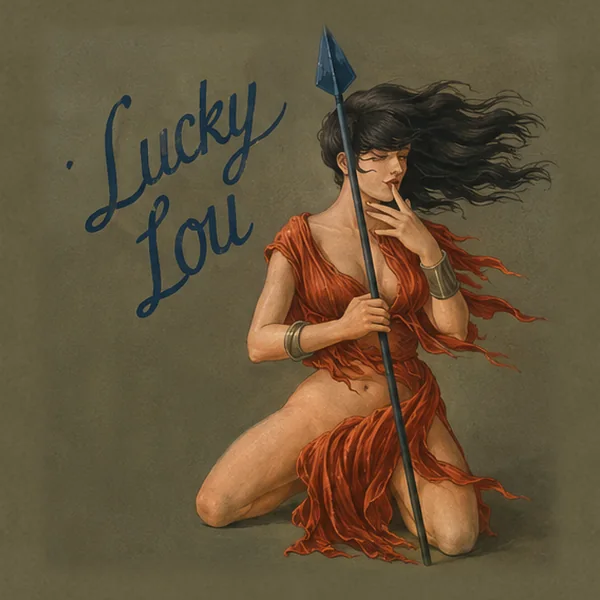 Nose art of Lucky Lou — a kneeling woman in a red dress holding a spear
