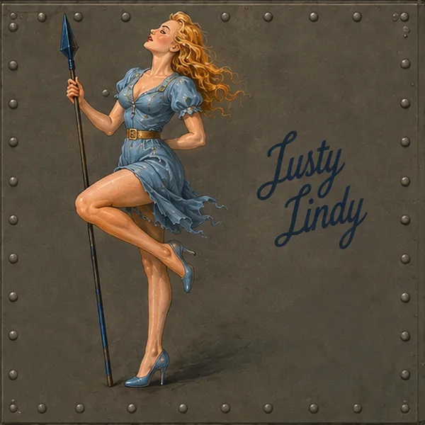 Nose art of Lusty Lindy — a blonde woman in a blue dress holding a spear