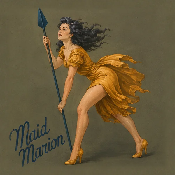 Nose art of Maid Marian — a woman in a yellow dress leaning on a spear