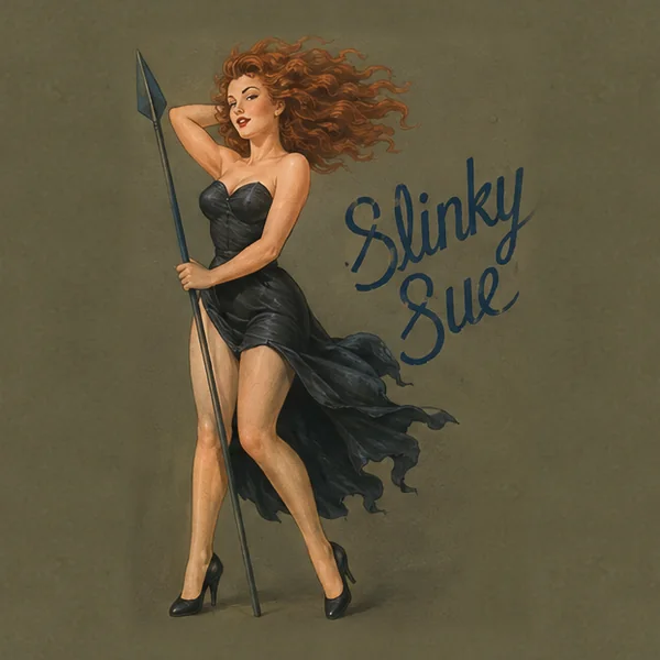 Nose art of Slinky Sue — a woman in a black dress holding a spear