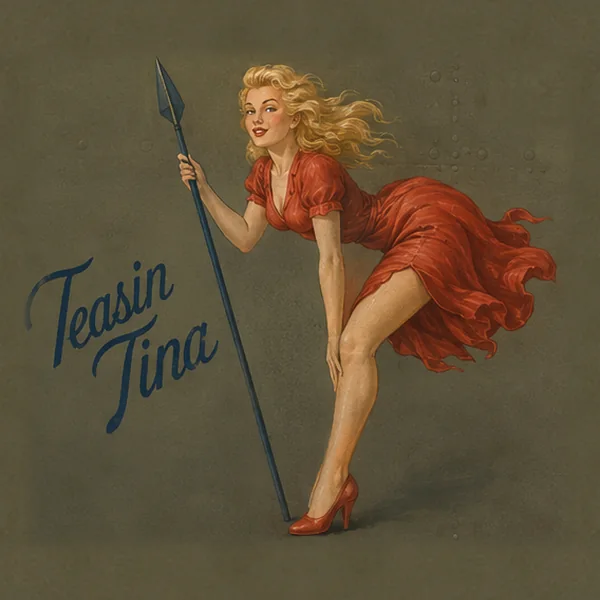 Nose art of Teasin&rsquo; Tina — a woman in a red dress leaning on a spear