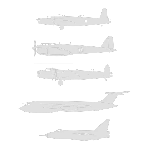 Silhouettes of a Wellington, Mosquito, Lancaster, Victor and Lightning